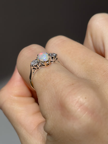 Vintage opal and diamond trilogy ring on 18ct gold and platinum