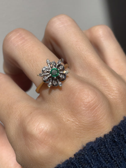Vintage emerald and diamond snowflake cluster ring on 18ct gold