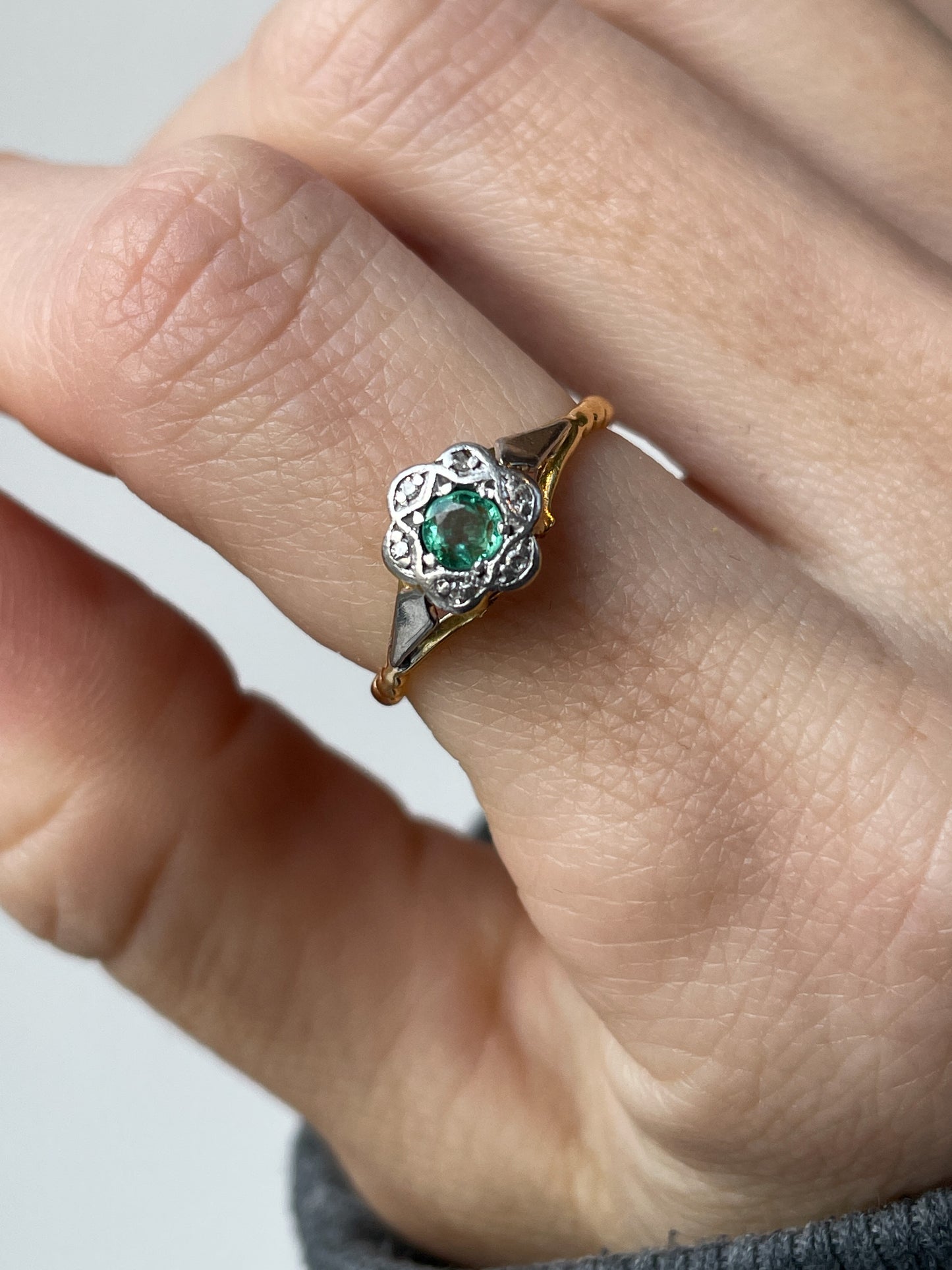 1960's Emerald and diamond halo cluster ring on 18ct gold