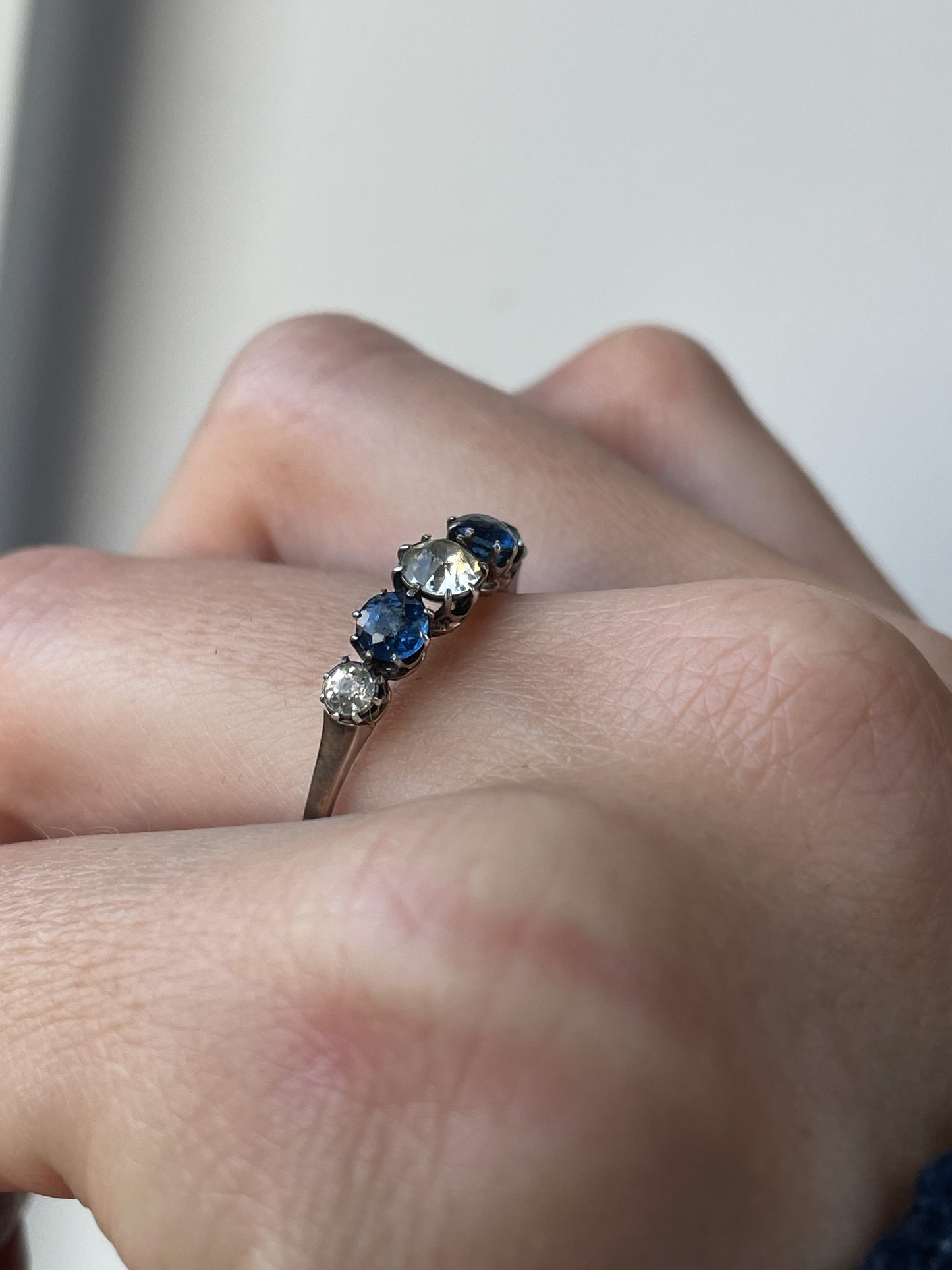Antique blue and white paste ring on 9ct white gold
