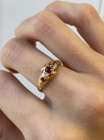 Antique ruby and diamond boat ring on 18ct gold