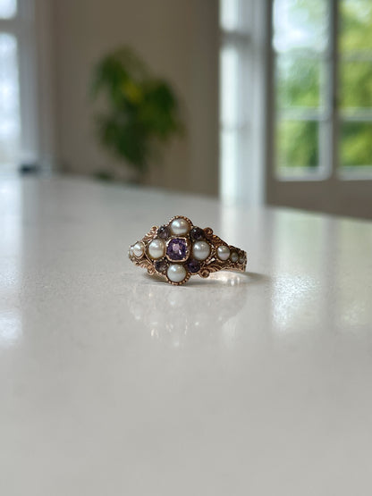 Antique seed pearl and amethyst ring on 9ct rose gold