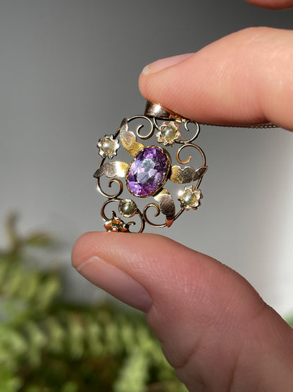 Victorian amethyst and seed pearl pendant with 9ct gold chain
