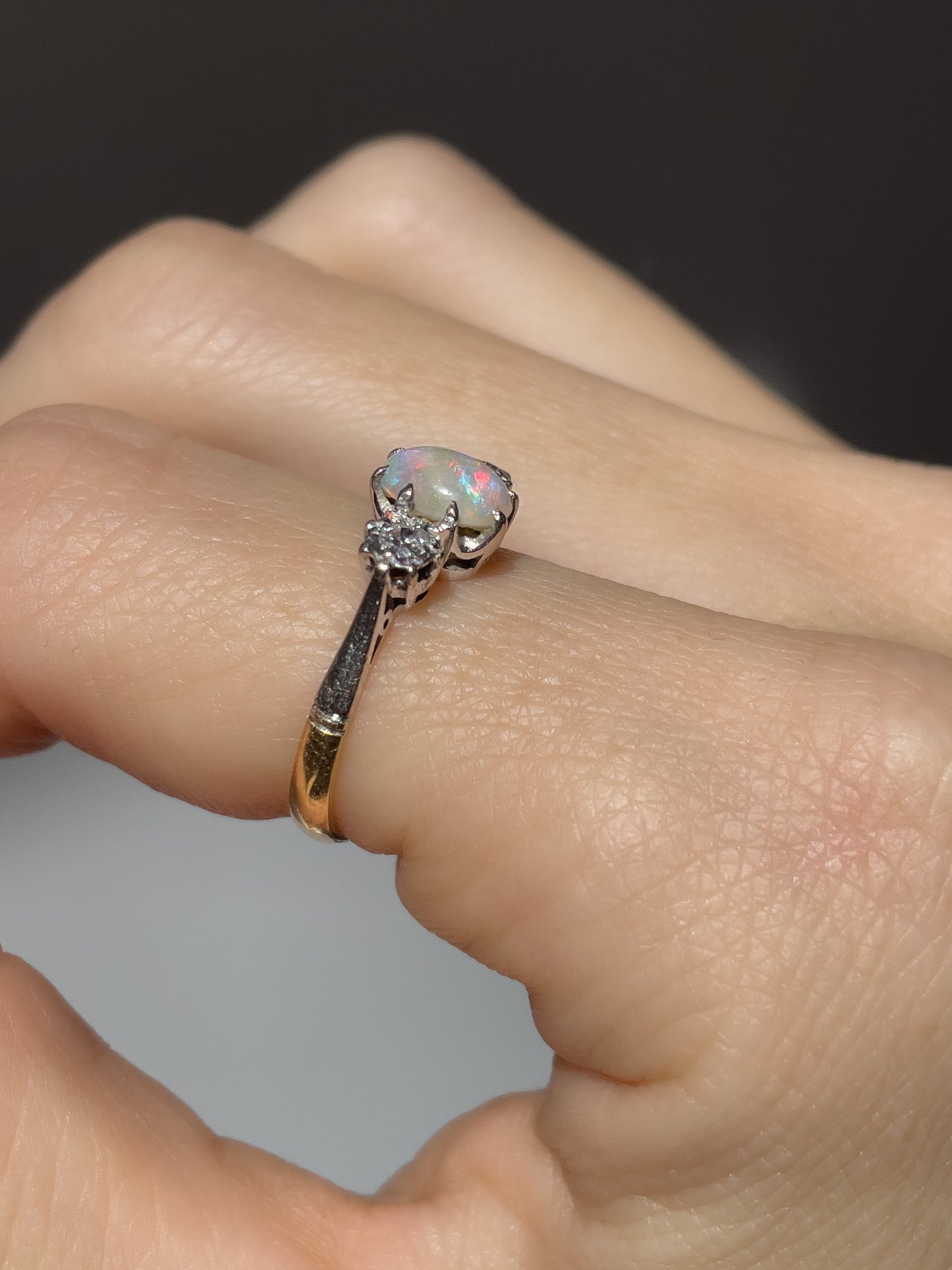 Vintage opal and diamond trilogy ring on 18ct gold and platinum