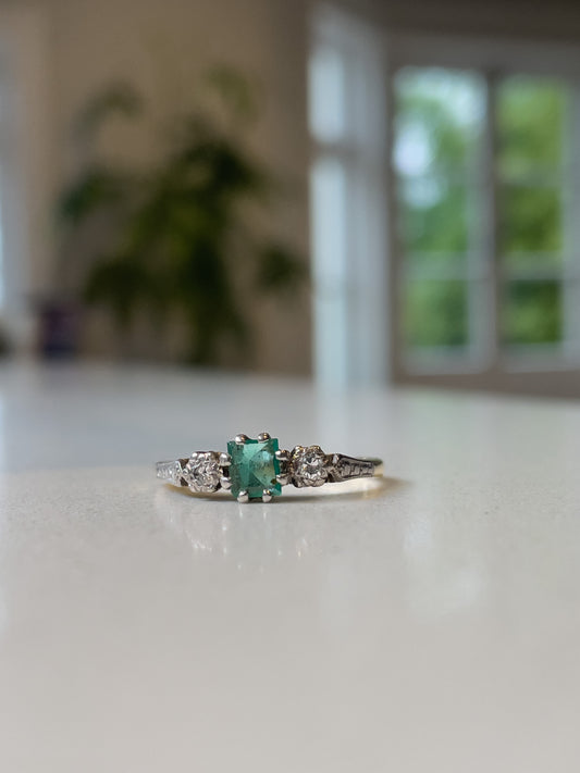 Vintage emerald and diamond trilogy ring on 18ct gold