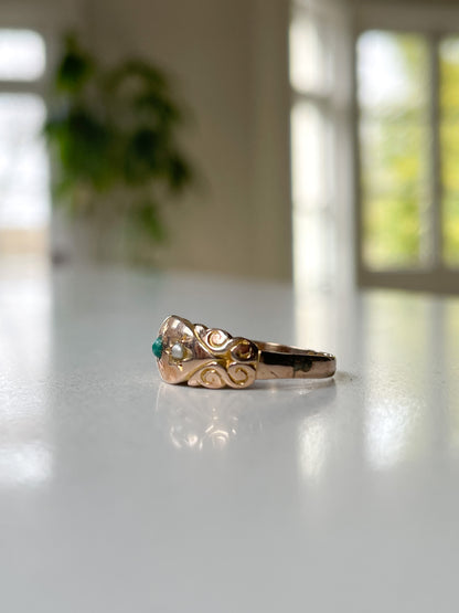 Victorian turquoise and seed pearl rose gold ring from 1896
