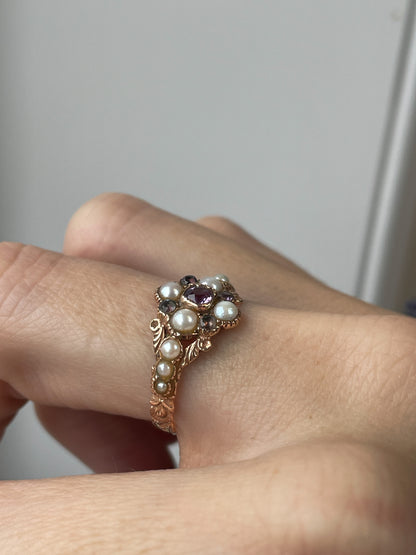 Antique seed pearl and amethyst ring on 9ct rose gold
