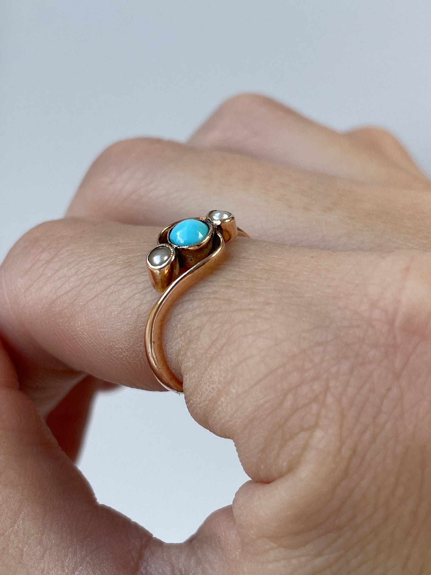 Antique turquoise and pearl bypass ring