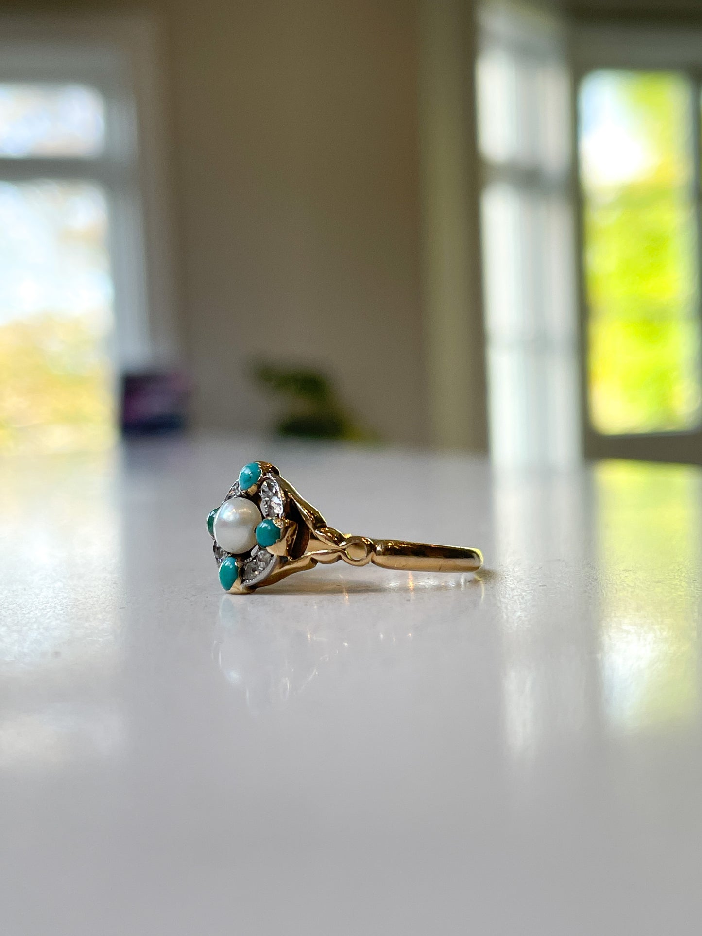 Antique turquoise pearl and diamond target cluster ring