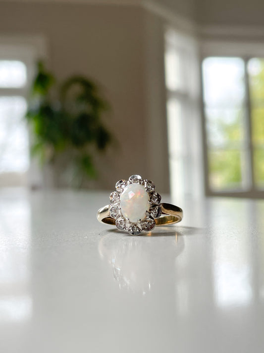 Vintage opal and diamond halo ring from 1988