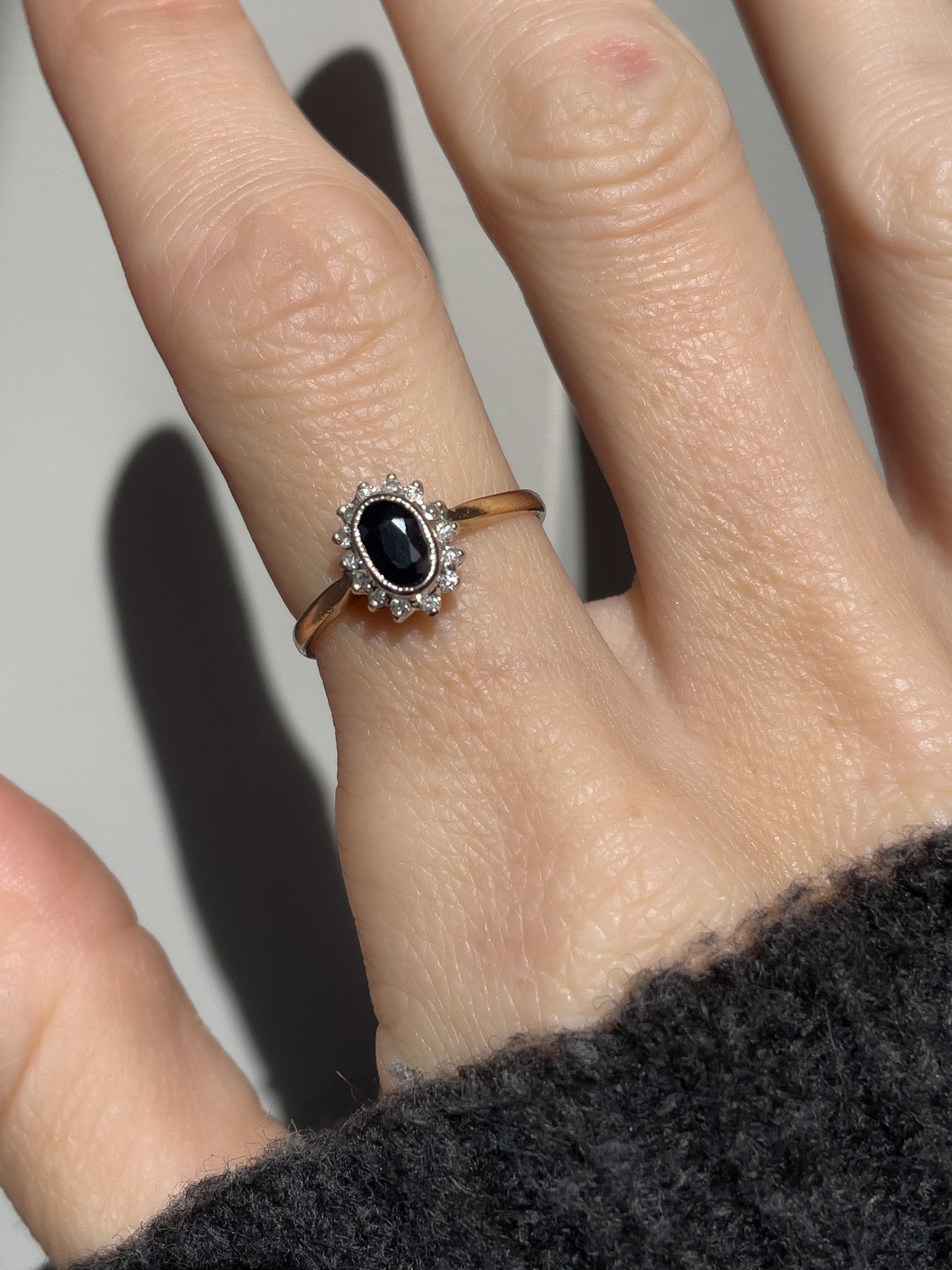 Vintage sapphire and diamond halo cluster ring on 9ct gold
