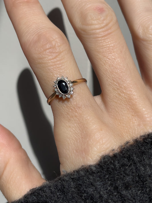 Vintage sapphire and diamond halo cluster ring on 9ct gold