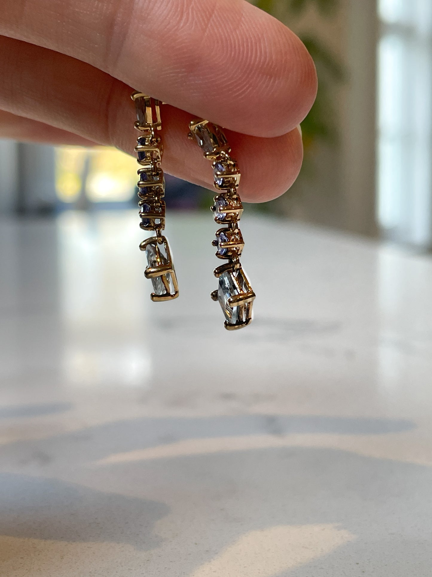 Vintage aquamarine and tanzanite drop earrings on 9ct gold