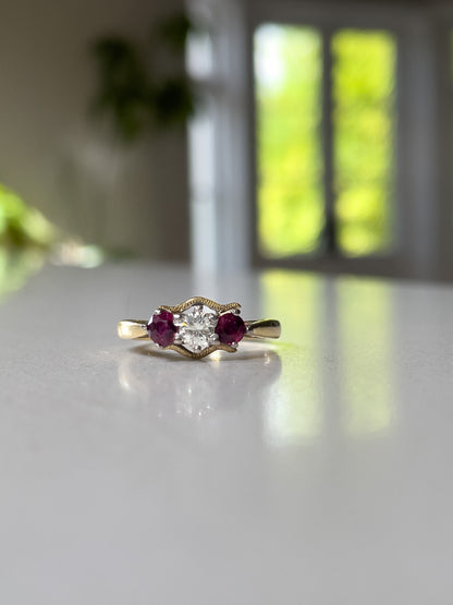 Vintage 1970s ruby and diamond trilogy ring on 18ct gold