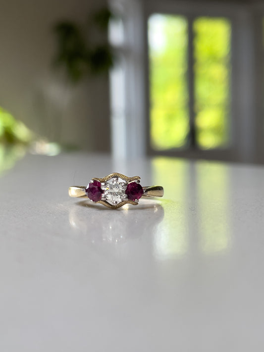 Vintage 1970s ruby and diamond trilogy ring on 18ct gold