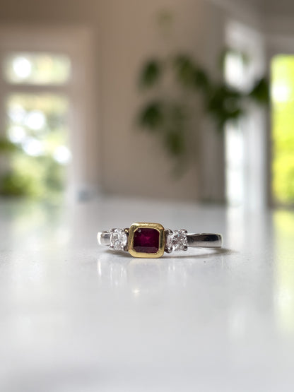 Chunky garnet and diamond trilogy ring on 18ct gold