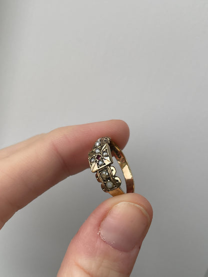 1970s seed pearl and garnet cross ring