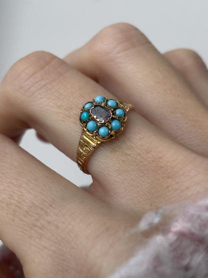 Antique Georgian turquoise and diamond ring on 9ct gold