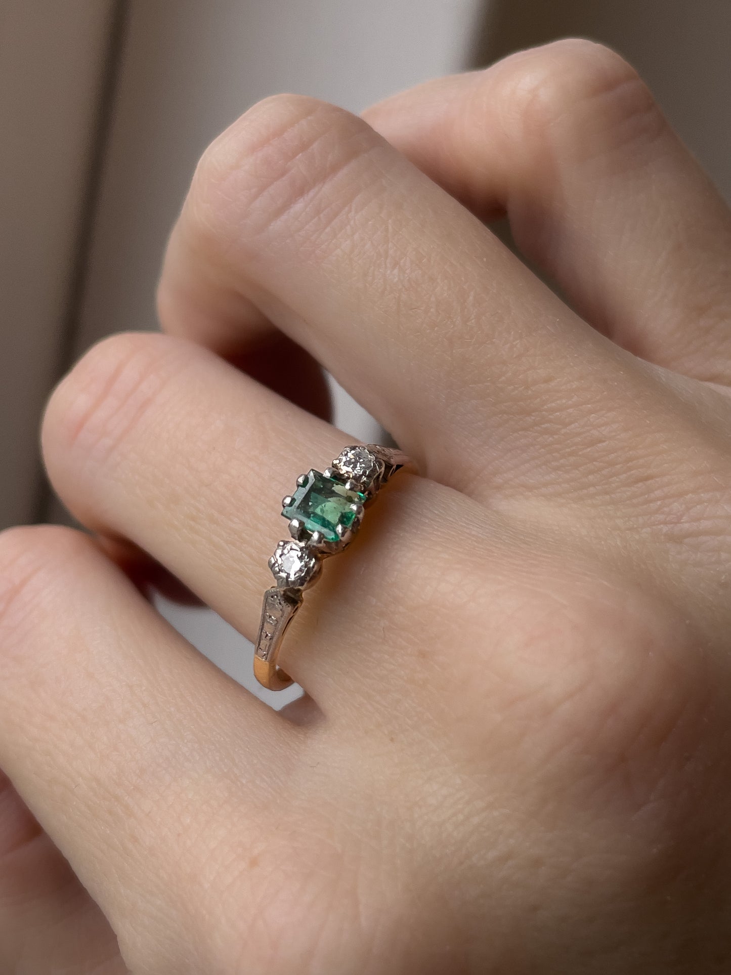 Vintage emerald and diamond trilogy ring on 18ct gold