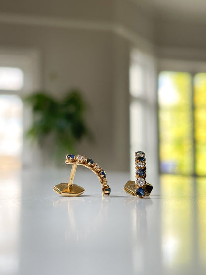 Vintage French sapphire and diamond half hoop earrings on 18ct gold