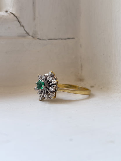 Vintage emerald and diamond snowflake cluster ring on 18ct gold