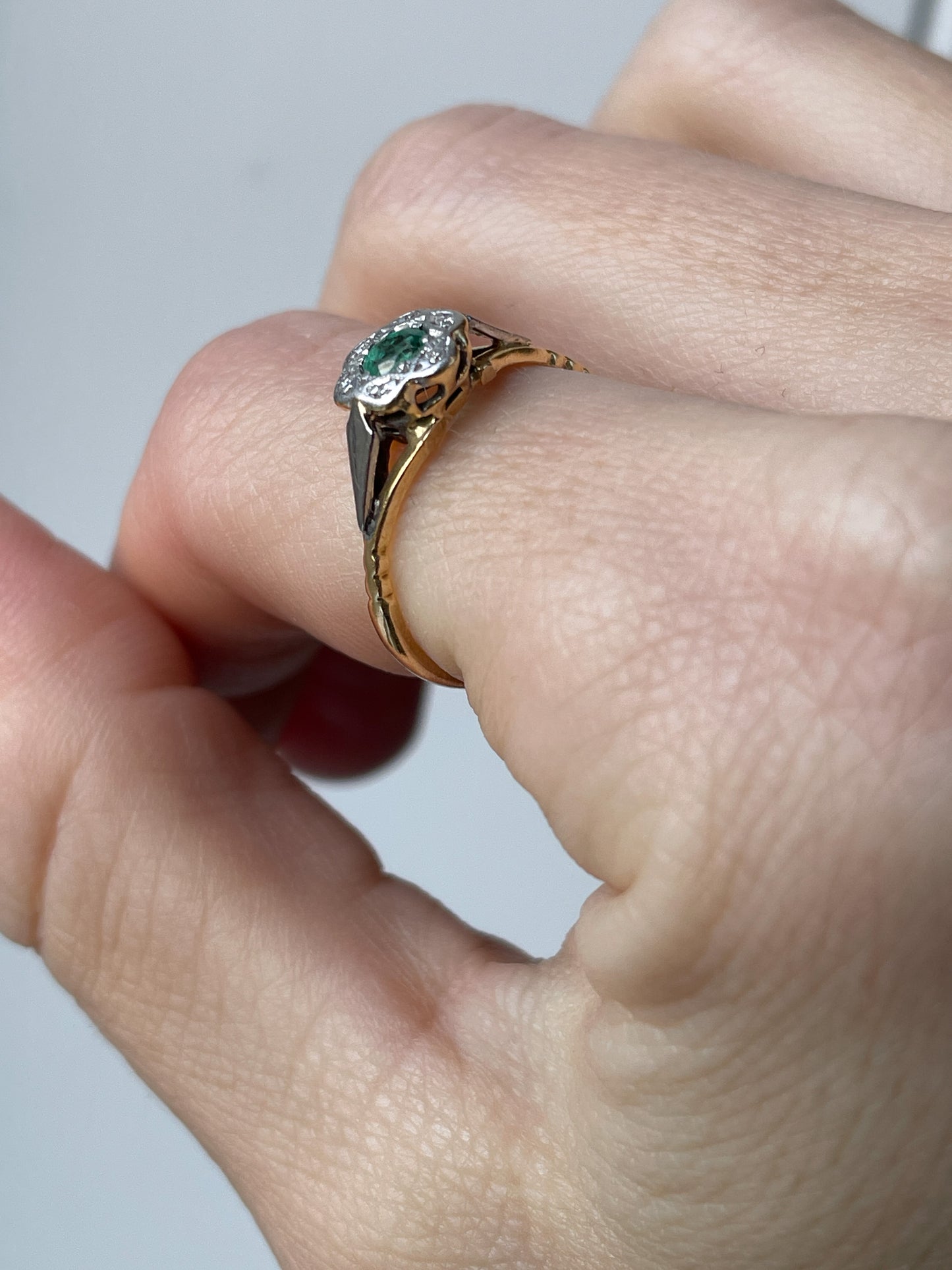 1960's Emerald and diamond halo cluster ring on 18ct gold