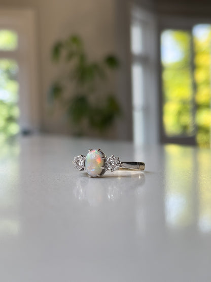 Vintage opal and diamond trilogy ring on 18ct gold and platinum