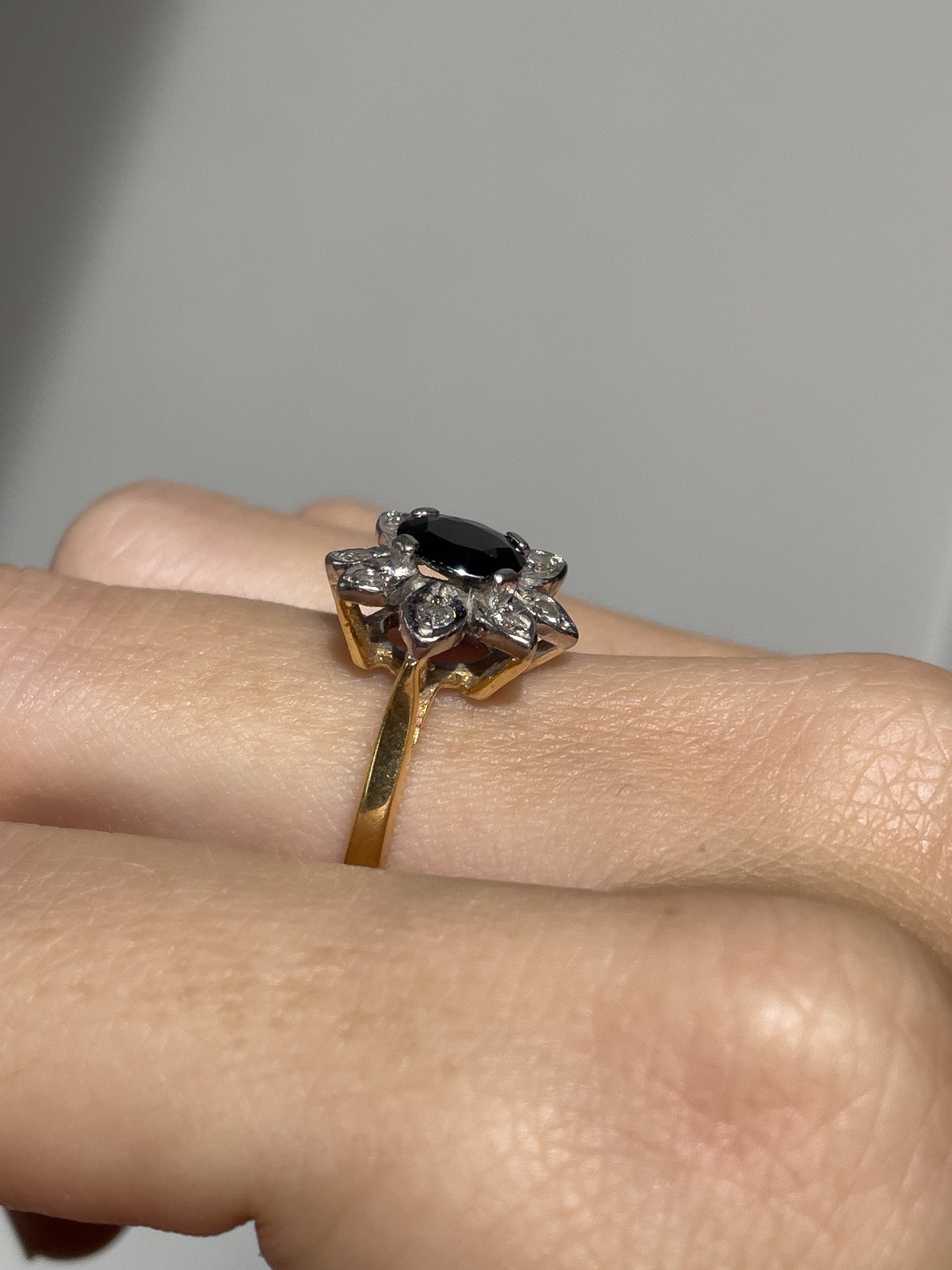 Vintage sapphire and diamond floral cluster ring on 18ct gold