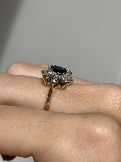 Vintage sapphire and diamond floral cluster ring on 18ct gold