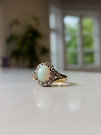 Vintage opal and diamond cluster ring on 18ct gold