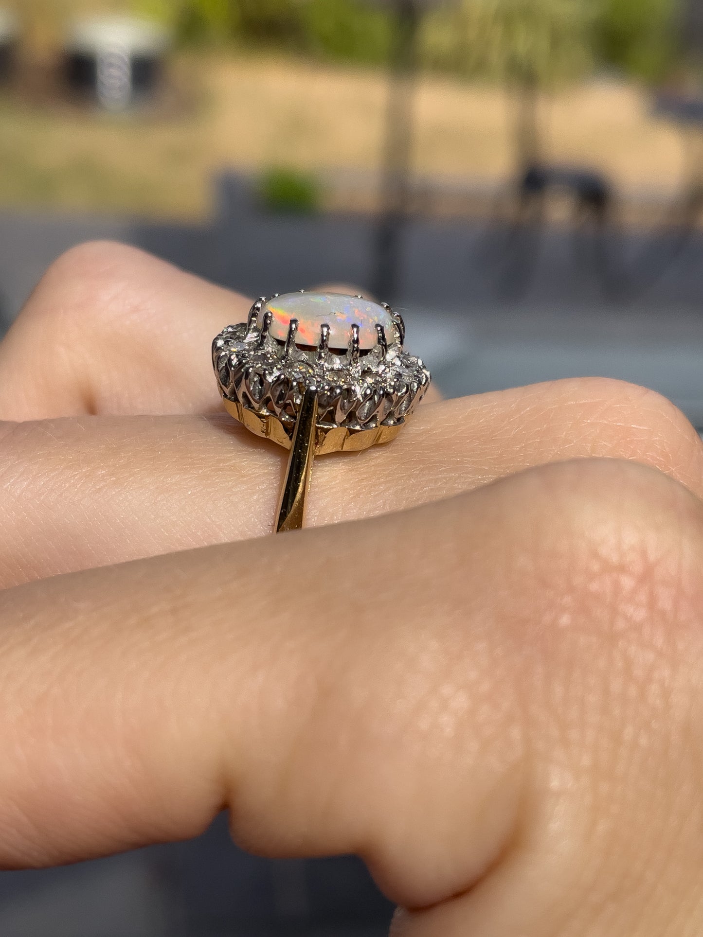 Vintage opal and diamond halo cluster ring on 18ct gold