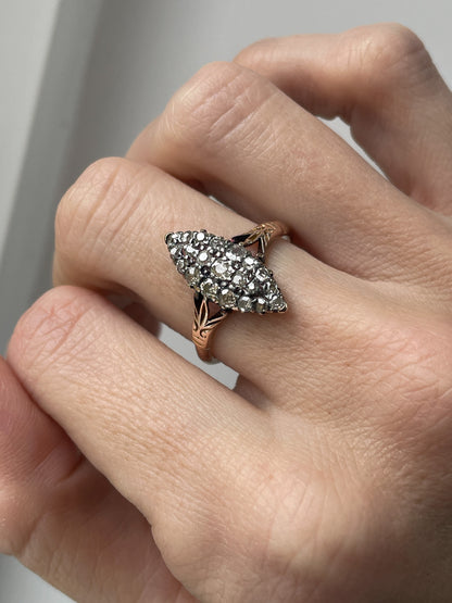 Victorian hand made Navette diamond cluster ring with .63ct diamonds