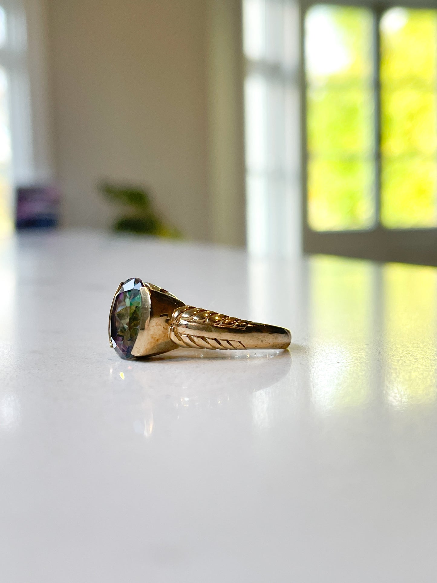 Chunky mystic topaz ring on 9ct gold