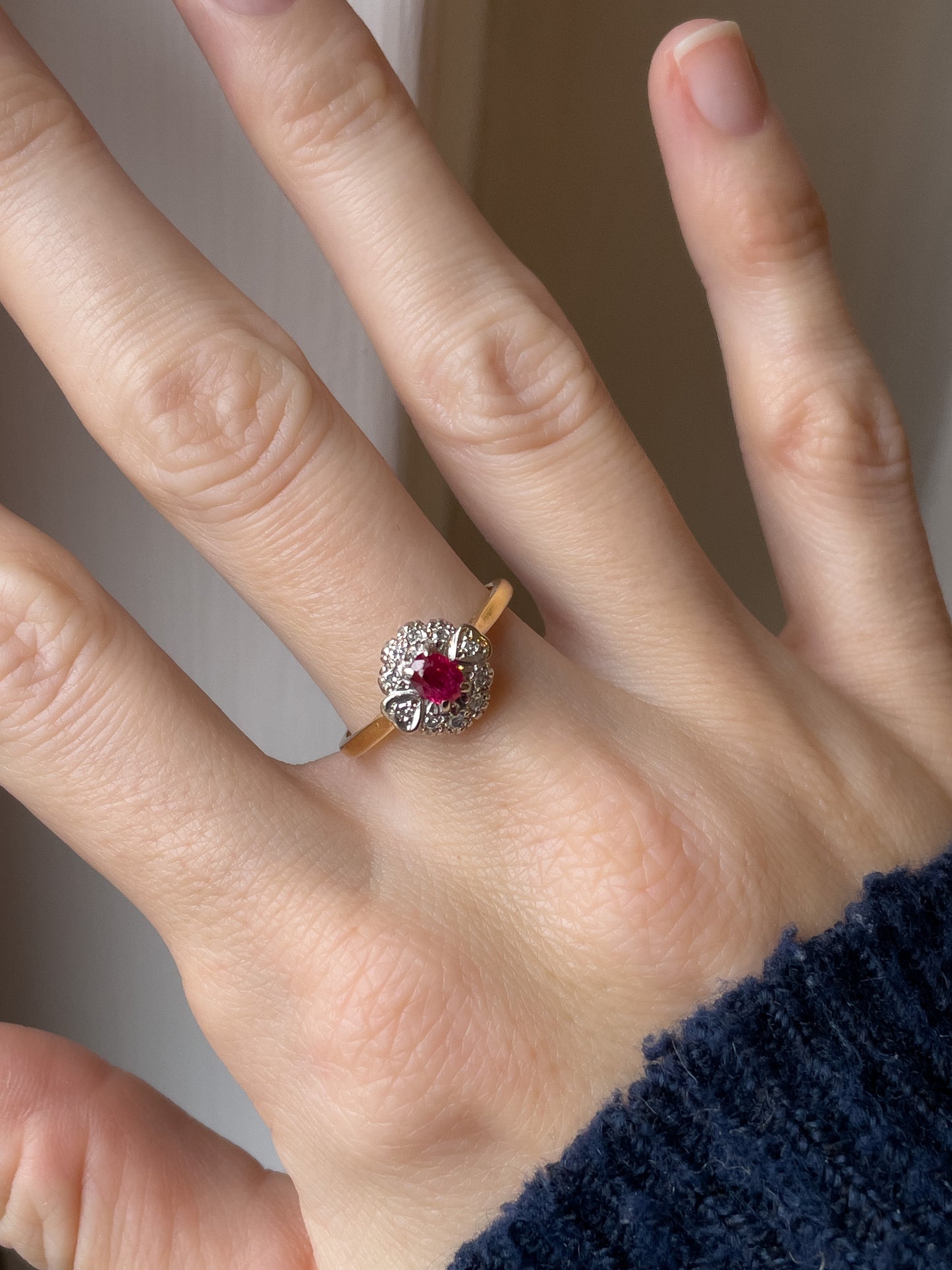 Antique ruby and diamond art deco panel ring on 18ct gold