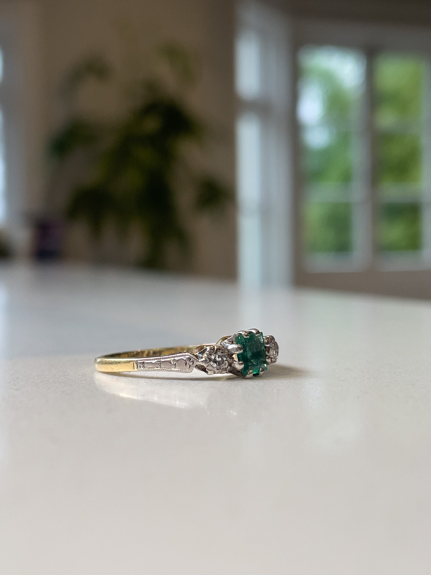 Vintage emerald and diamond trilogy ring on 18ct gold