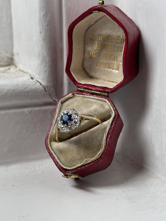 Antique sapphire and diamond halo cluster ring on 18ct gold