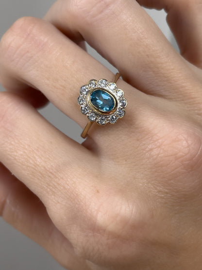 Blue topaz cluster ring on 9ct gold
