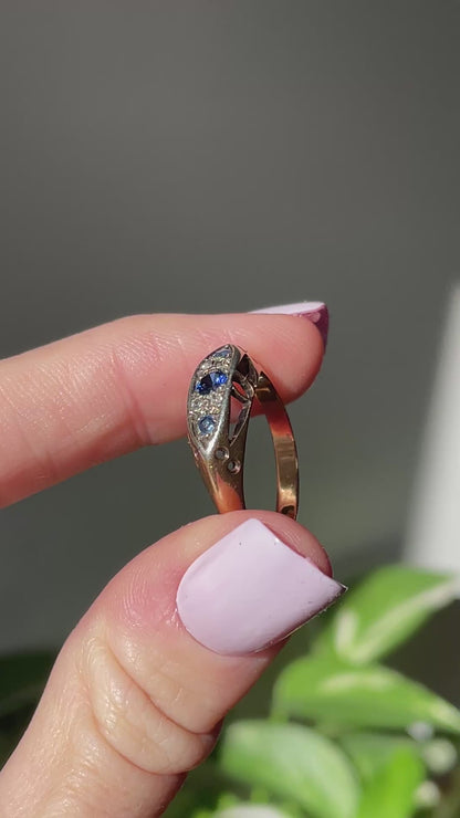 Antique 18ct gold sapphire and diamond boat ring - early 20th century