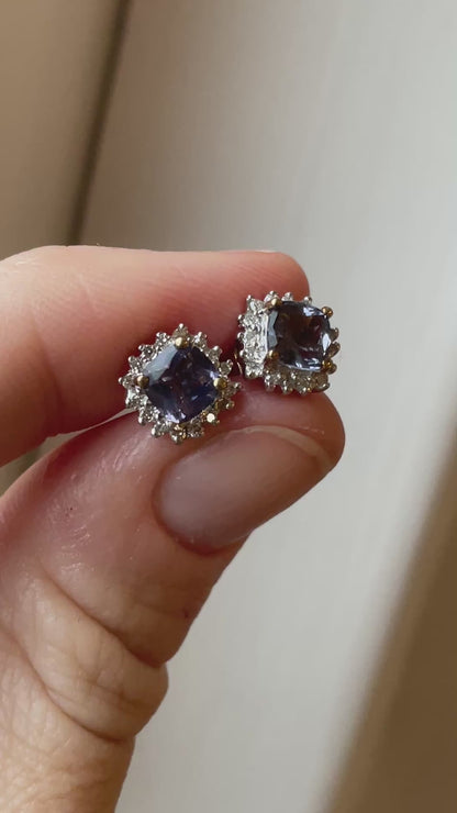 Tanzanite and diamond halo stud earrings on 9ct gold